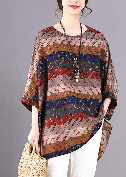 Khaki Print Linen Shirt O-Neck Oversized Batwing Sleeve Ada Fashion