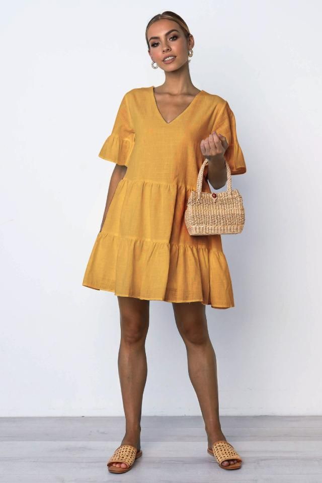 Short-Sleeve Loose-Fit Mini Tiered Dress YS10014