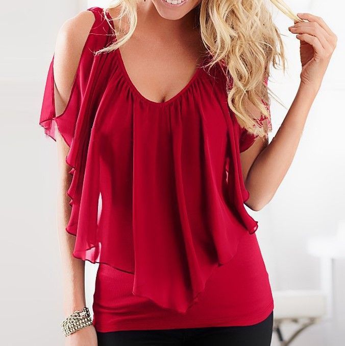 Ruffled Cold-Shoulder Chiffon Top CA5