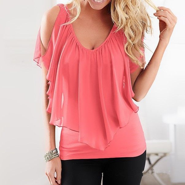 Ruffled Cold-Shoulder Chiffon Top CA5