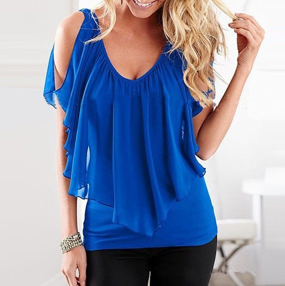 Ruffled Cold-Shoulder Chiffon Top CA5