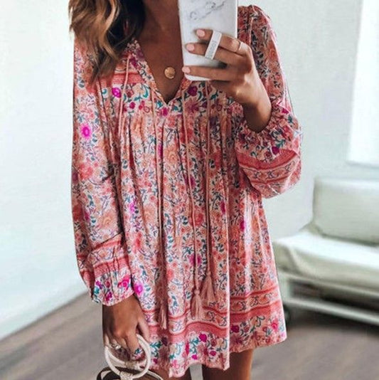 Floral Print Long-Sleeve Mini A-Line Dress CA4