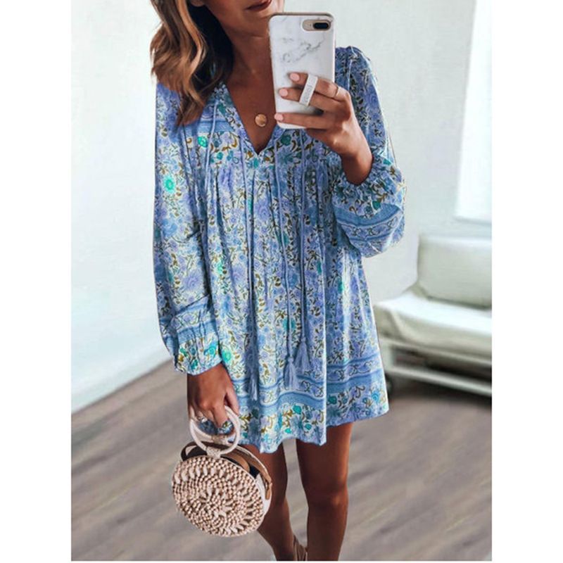 Floral Print Long-Sleeve Mini A-Line Dress CA4