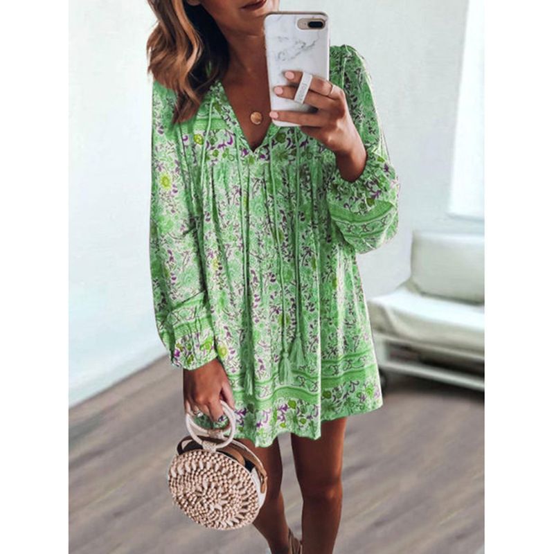 Floral Print Long-Sleeve Mini A-Line Dress CA4