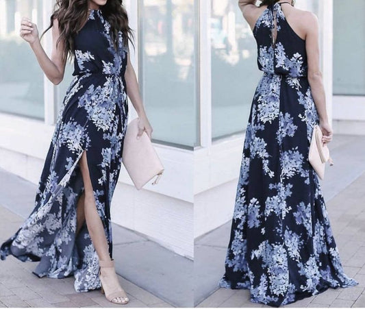 Halter-Neck Floral Maxi A-Line Dress YS10010