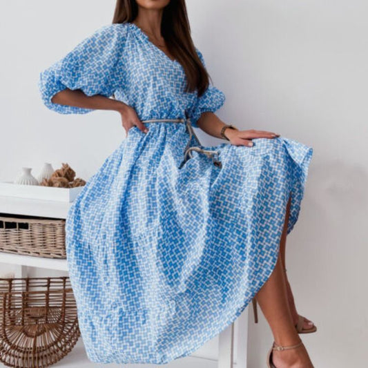 Puff-Sleeve Print V-Neck Midi Dress vb46