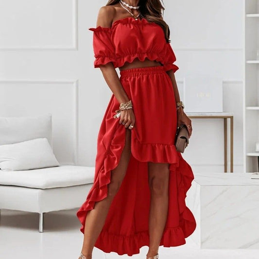 Set: Plain Off-Shoulder Ruffle-Trim Cropped Blouse + Plain High-Waist Ruffle-Trim Skirt AH027