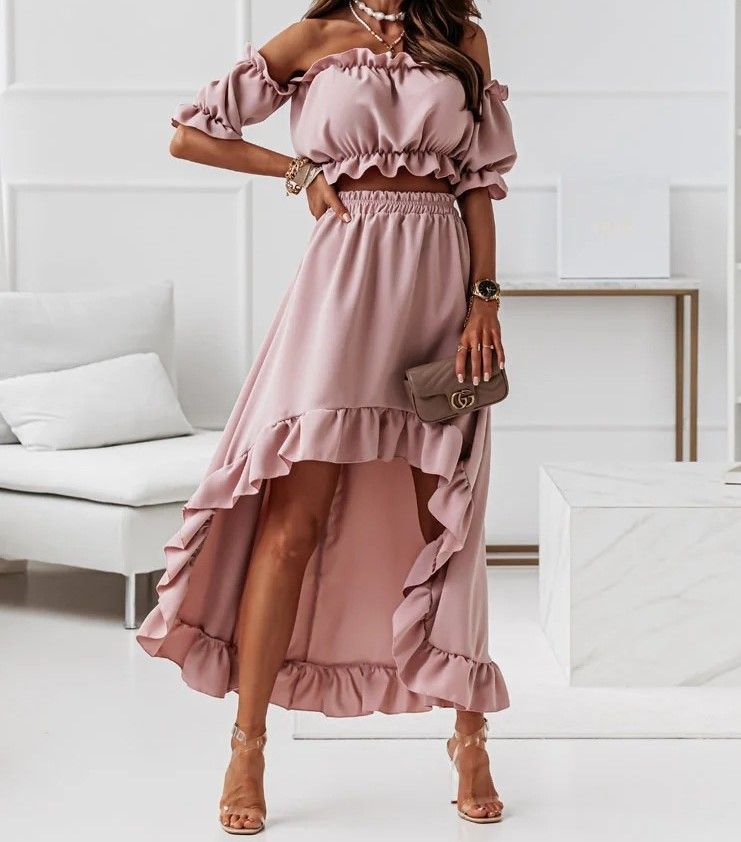 Set: Plain Off-Shoulder Ruffle-Trim Cropped Blouse + Plain High-Waist Ruffle-Trim Skirt AH027