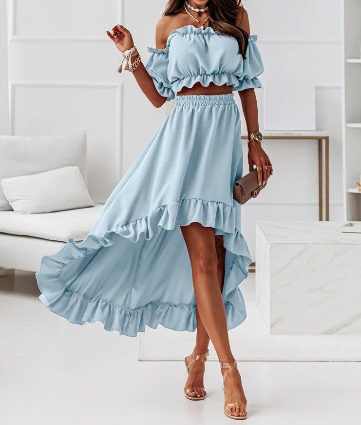 Set: Plain Off-Shoulder Ruffle-Trim Cropped Blouse + Plain High-Waist Ruffle-Trim Skirt AH027