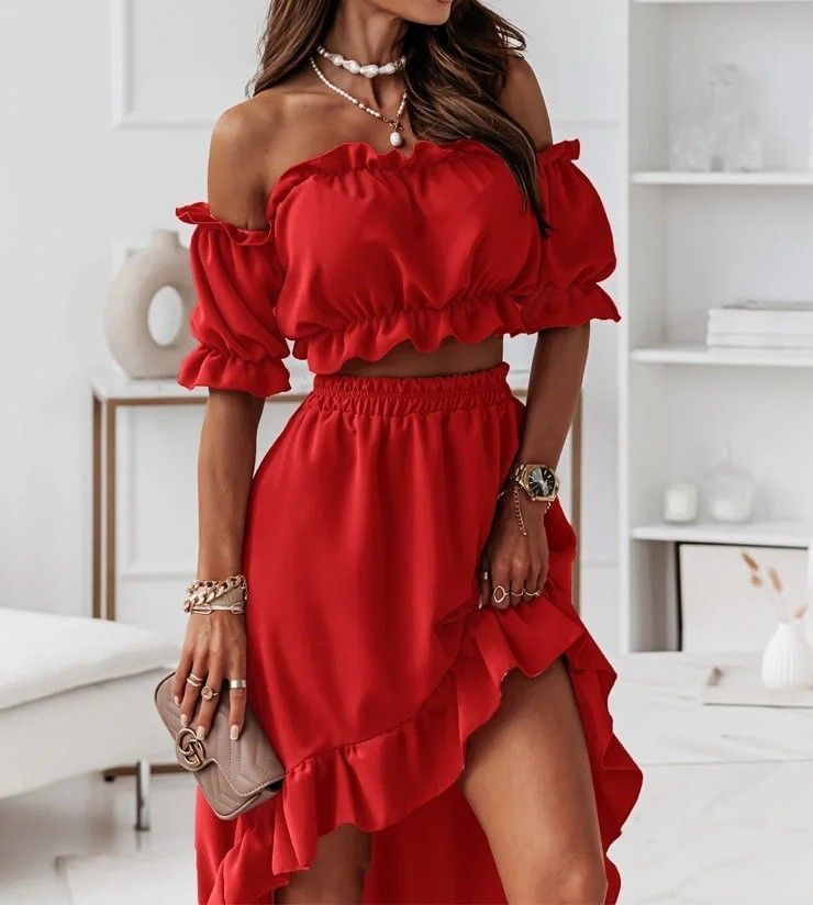 Set: Plain Off-Shoulder Ruffle-Trim Cropped Blouse + Plain High-Waist Ruffle-Trim Skirt AH027