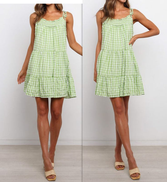 Spaghetti Strap Gingham Tiered Mini Dress vb41