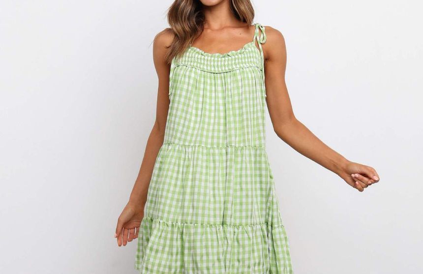 Spaghetti Strap Gingham Tiered Mini Dress vb41