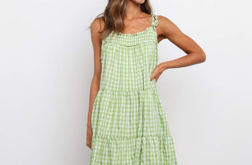Spaghetti Strap Gingham Tiered Mini Dress vb41