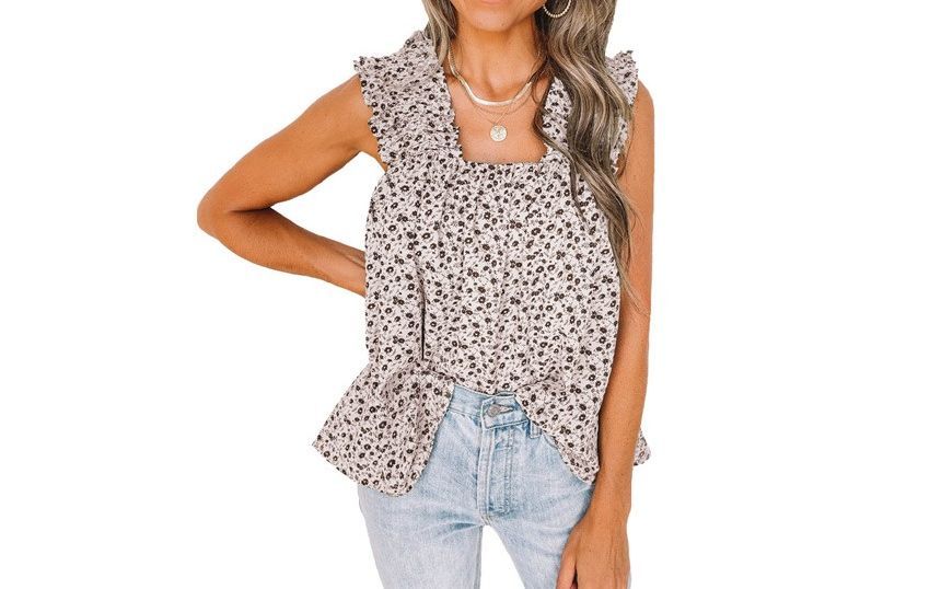 Sleeveless Ruffled-Trim Floral Print Top CG34