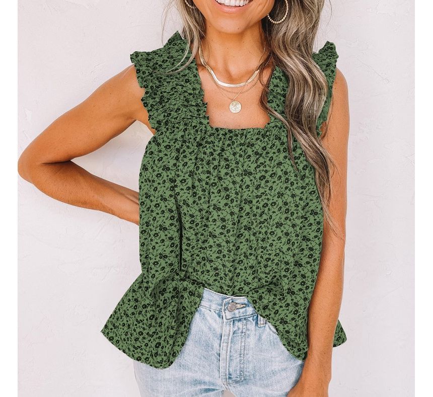 Sleeveless Ruffled-Trim Floral Print Top CG34