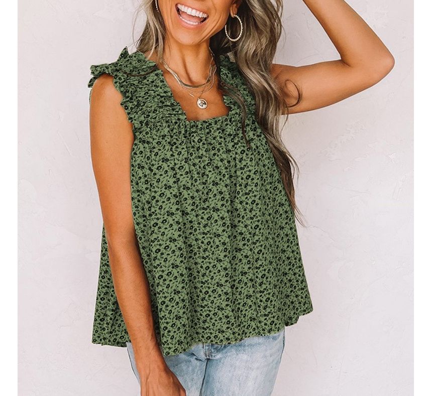 Sleeveless Ruffled-Trim Floral Print Top CG34