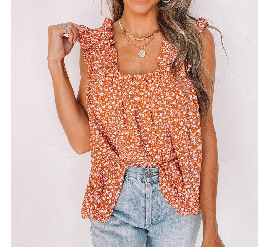 Sleeveless Ruffled-Trim Floral Print Top CG34