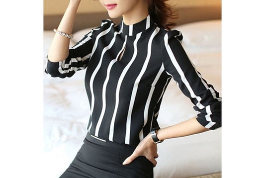 Puff-Sleeve Striped Keyhole Blouse OP50
