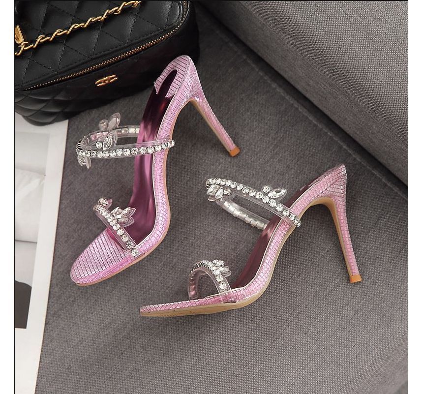 Rhinestone Stiletto-Heel Slide Sandals AE1058