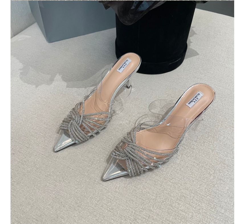 Pointy-Toe PVC Rhinestone Stiletto Heel Slide Sandals AE1054