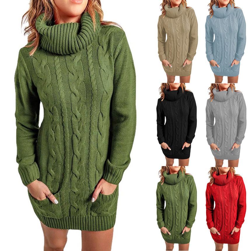 Rollkragenpullover-Kleid mit Zopfmuster, schlicht, Mini-Pulloverkleid YR4058