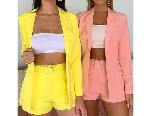 Set: Plain Open Front Blazer + High Waist Dress Shorts + Belt YR4056