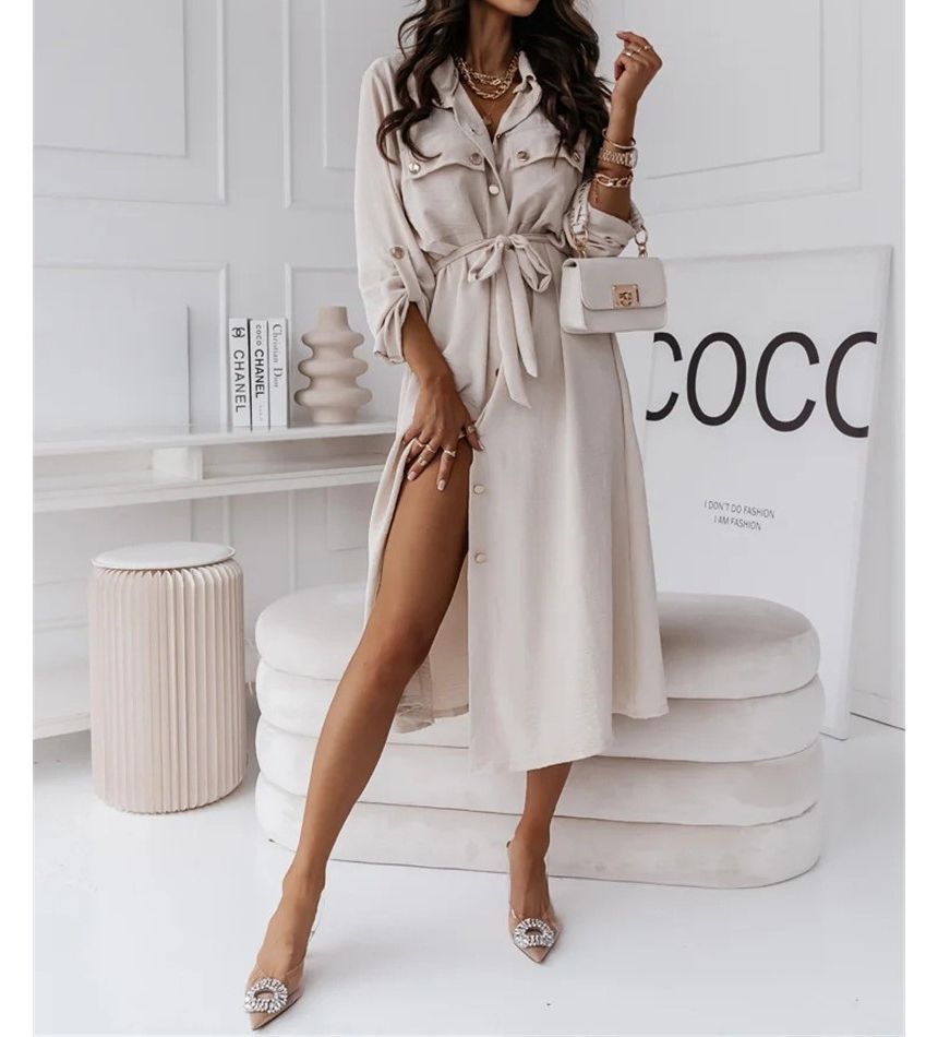 Long-Sleeve Plain Tie-Front Midi Shirtdress OP48