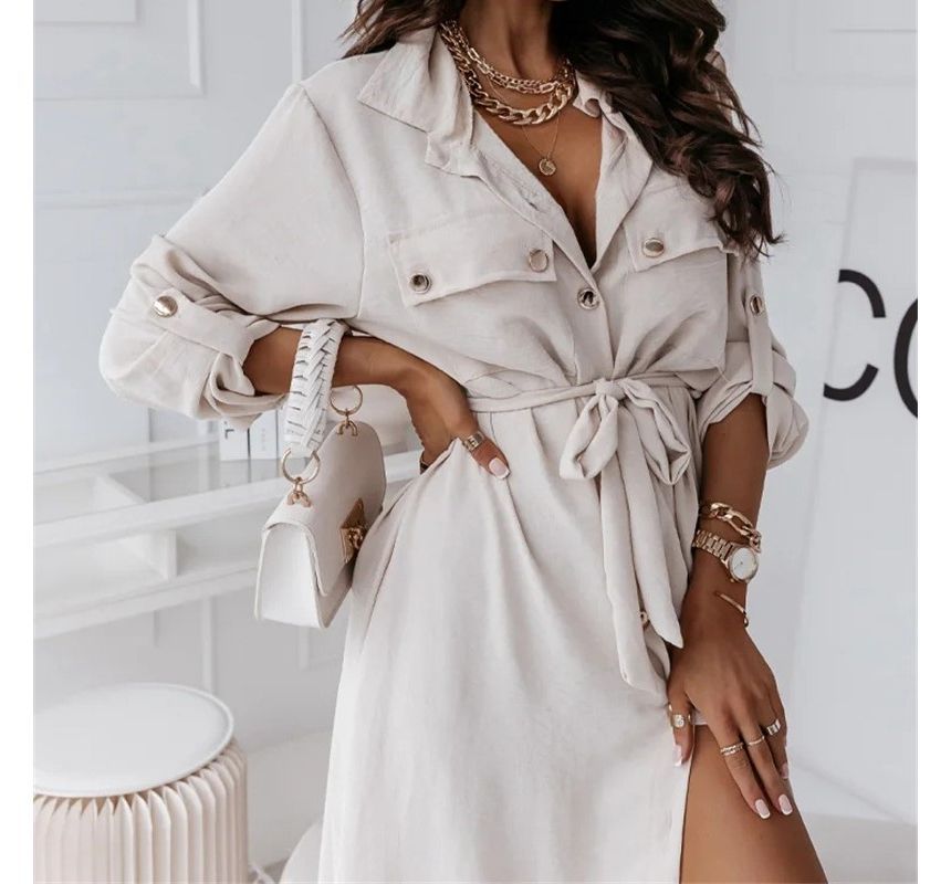 Long-Sleeve Plain Tie-Front Midi Shirtdress OP48