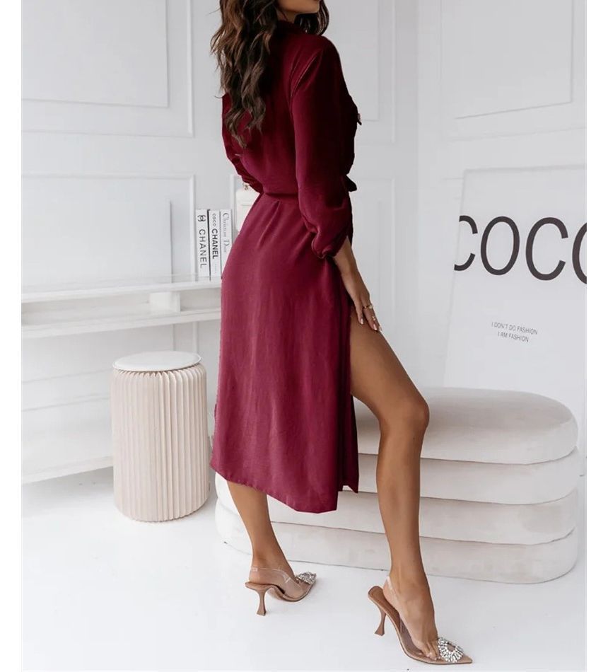 Long-Sleeve Plain Tie-Front Midi Shirtdress OP48