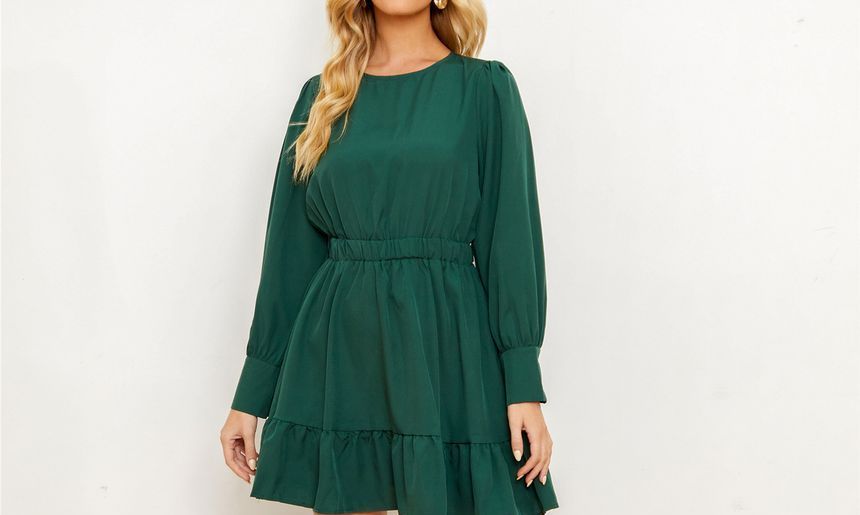 Long-Sleeve Crew Neck Plain Mini A-Line Dress vb53