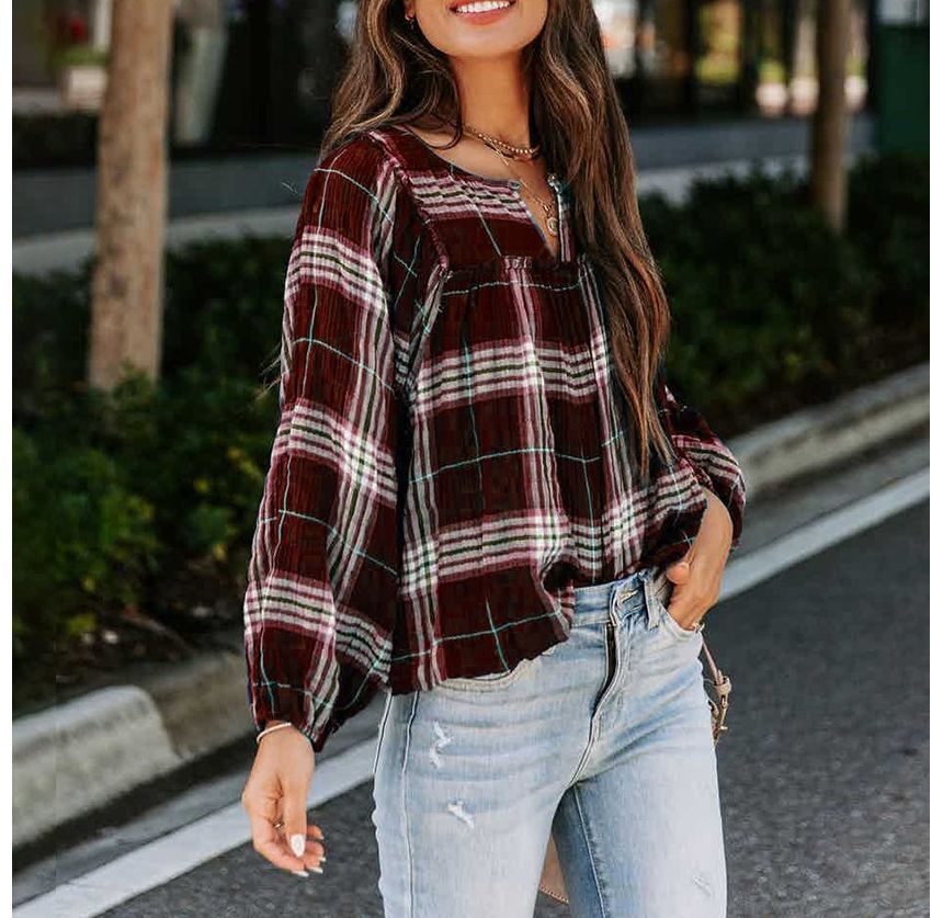 Long-Sleeve Plaid Blouse CA24