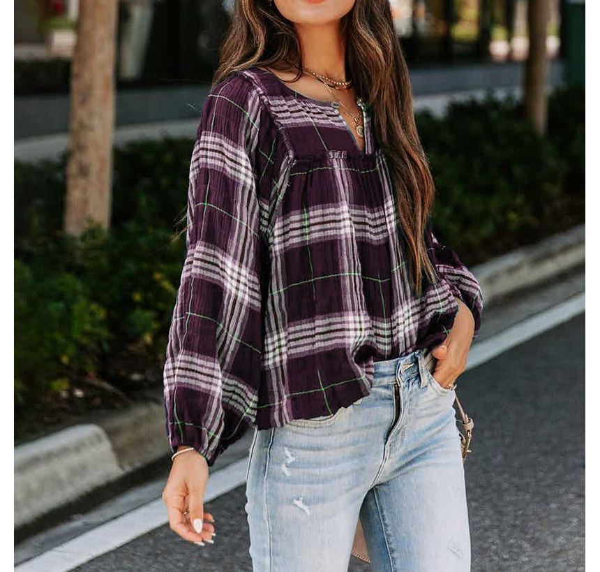 Long-Sleeve Plaid Blouse CA24