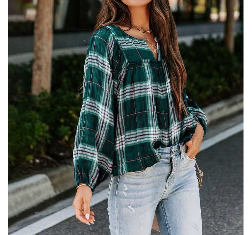 Long-Sleeve Plaid Blouse CA24