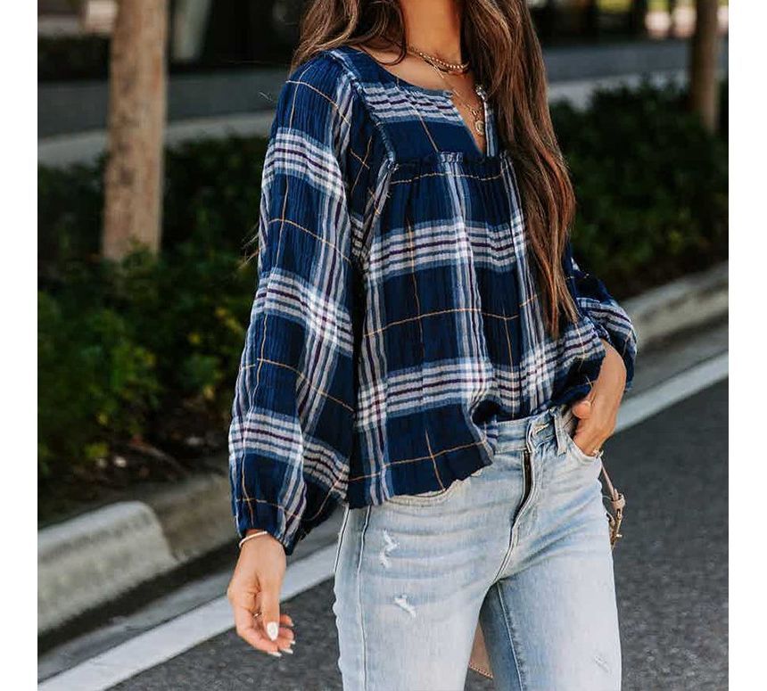 Long-Sleeve Plaid Blouse CA24