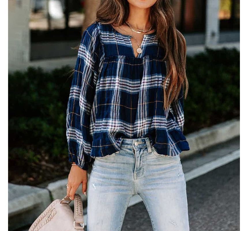 Long-Sleeve Plaid Blouse CA24