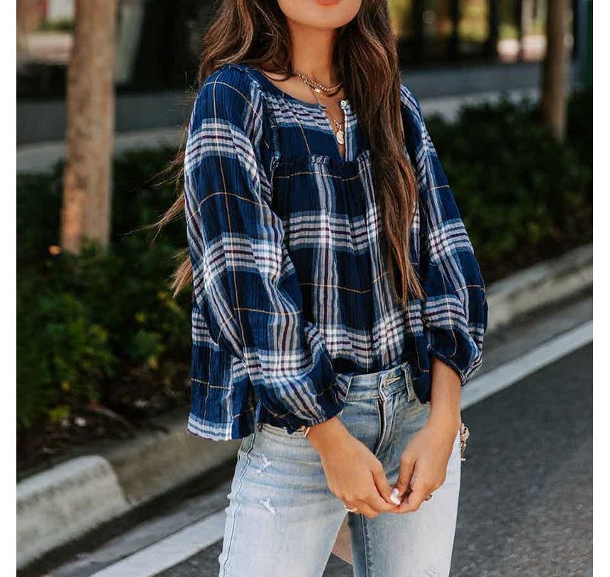 Long-Sleeve Plaid Blouse CA24