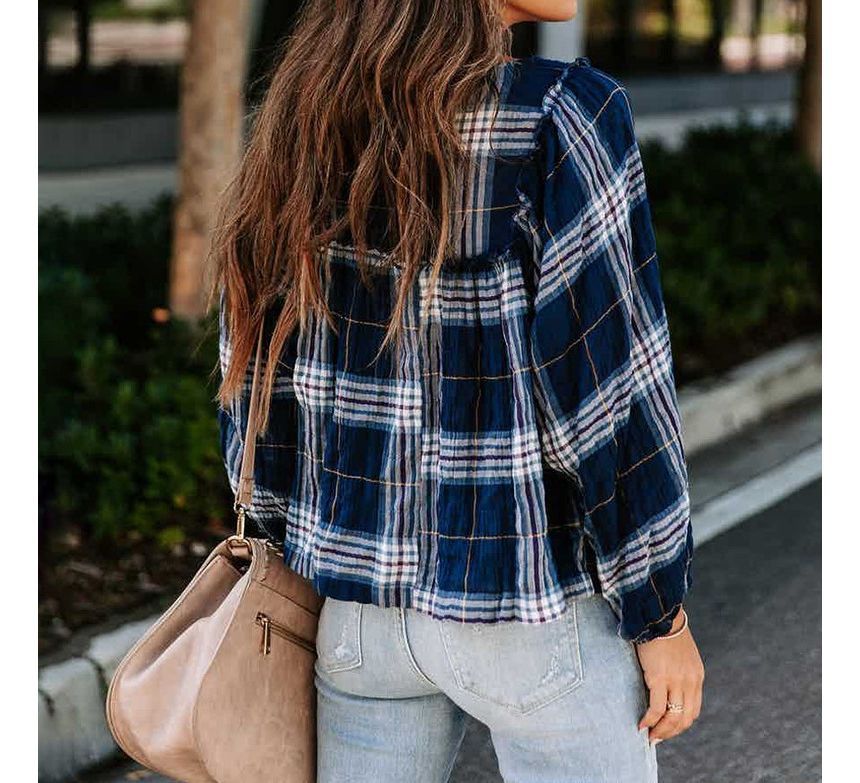 Long-Sleeve Plaid Blouse CA24