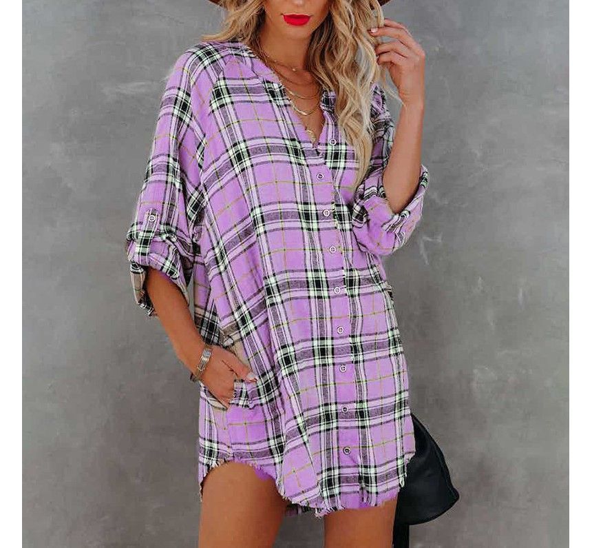 Long-Sleeve Plaid Mini Shirt Dress CA23