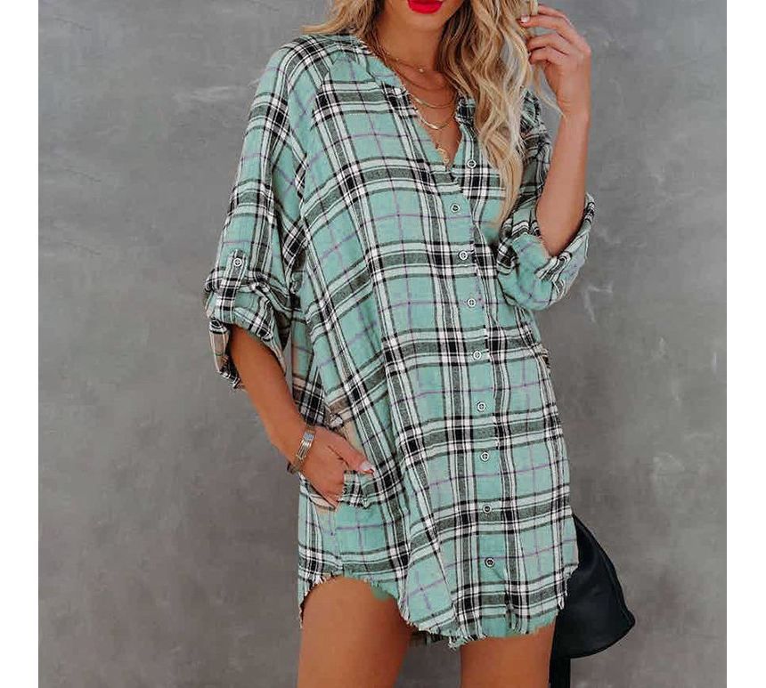 Long-Sleeve Plaid Mini Shirt Dress CA23