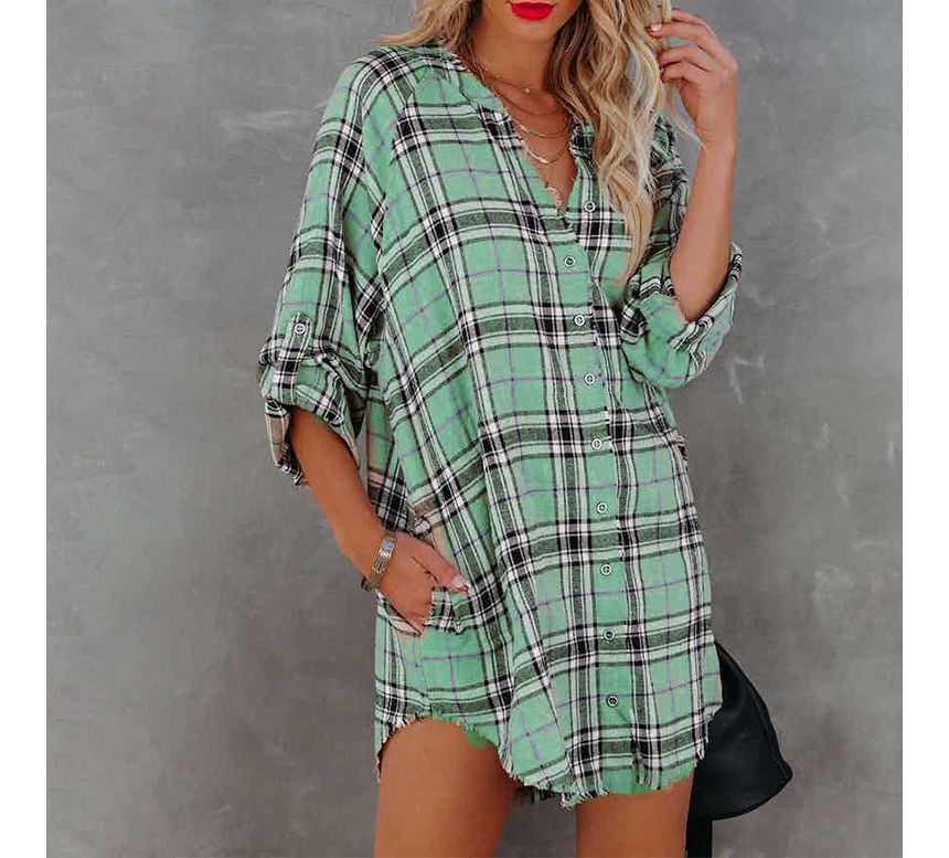 Long-Sleeve Plaid Mini Shirt Dress CA23