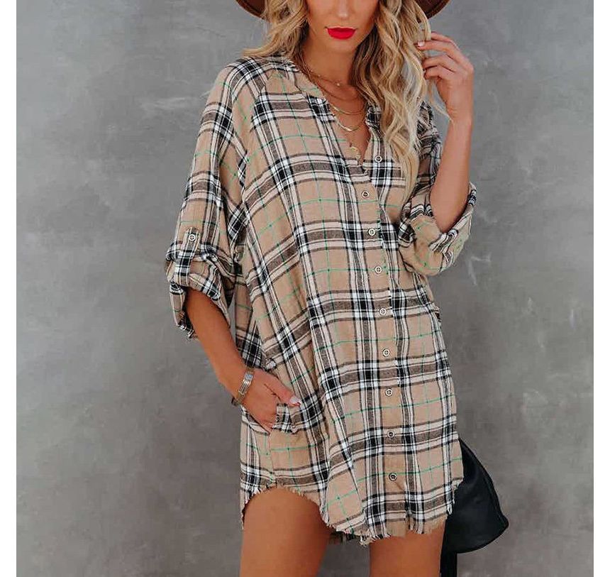 Long-Sleeve Plaid Mini Shirt Dress CA23