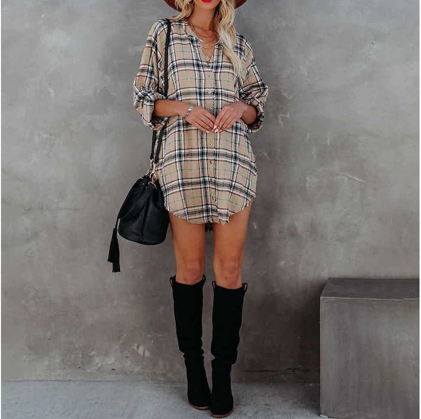 Long-Sleeve Plaid Mini Shirt Dress CA23