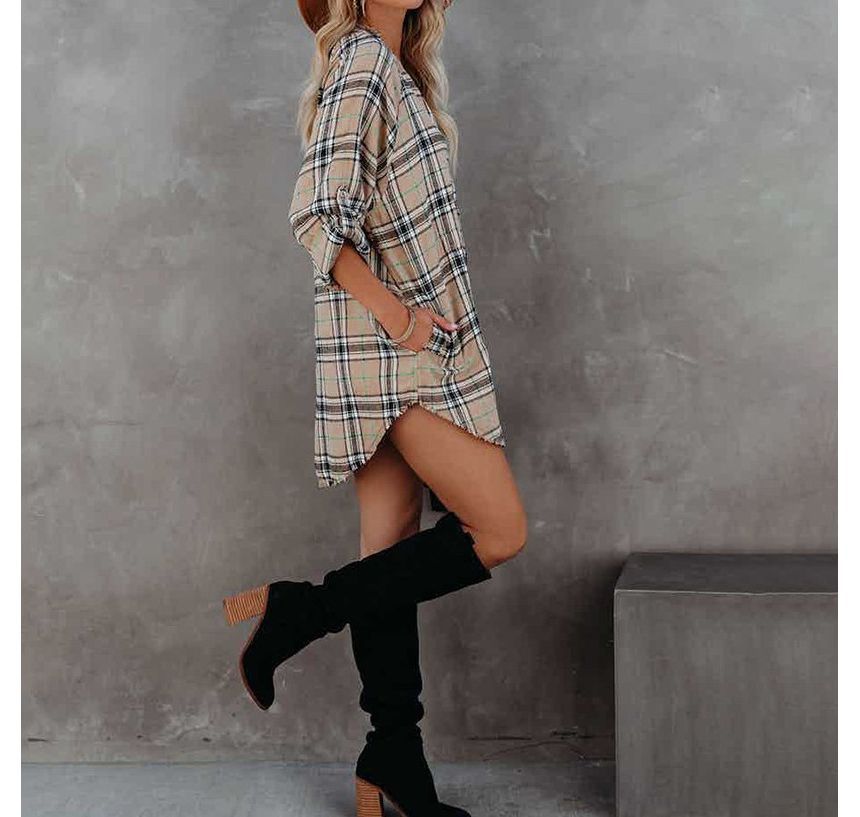 Long-Sleeve Plaid Mini Shirt Dress CA23