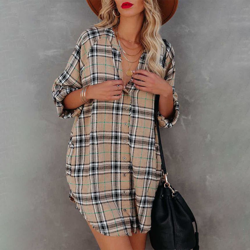 Long-Sleeve Plaid Mini Shirt Dress CA23