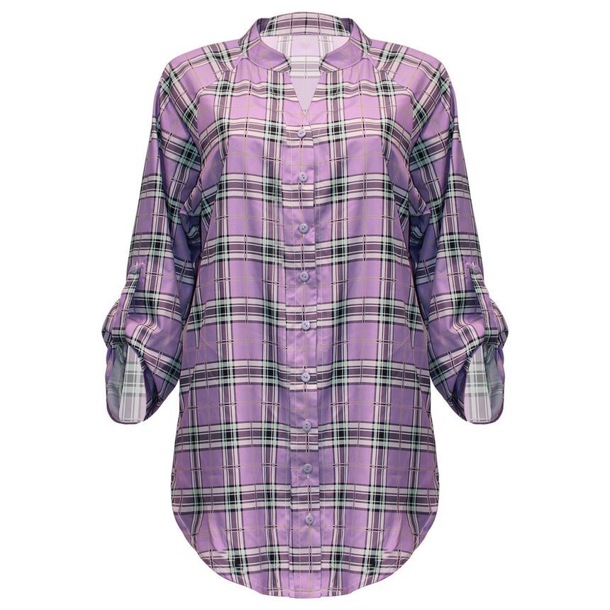 Long-Sleeve Plaid Mini Shirt Dress CA23