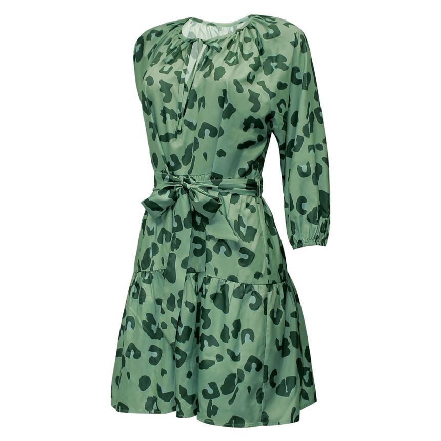 Elbow-Sleeve Leopard Print Mini A-Line Dress AH301