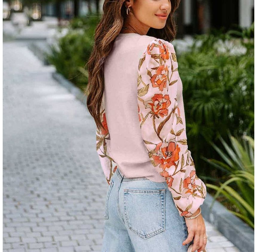 Long-Sleeve Floral Panel Knit Top CA26