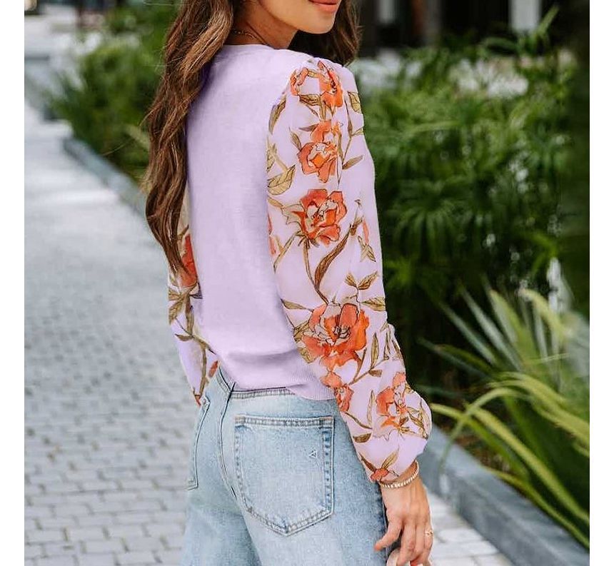 Long-Sleeve Floral Panel Knit Top CA26