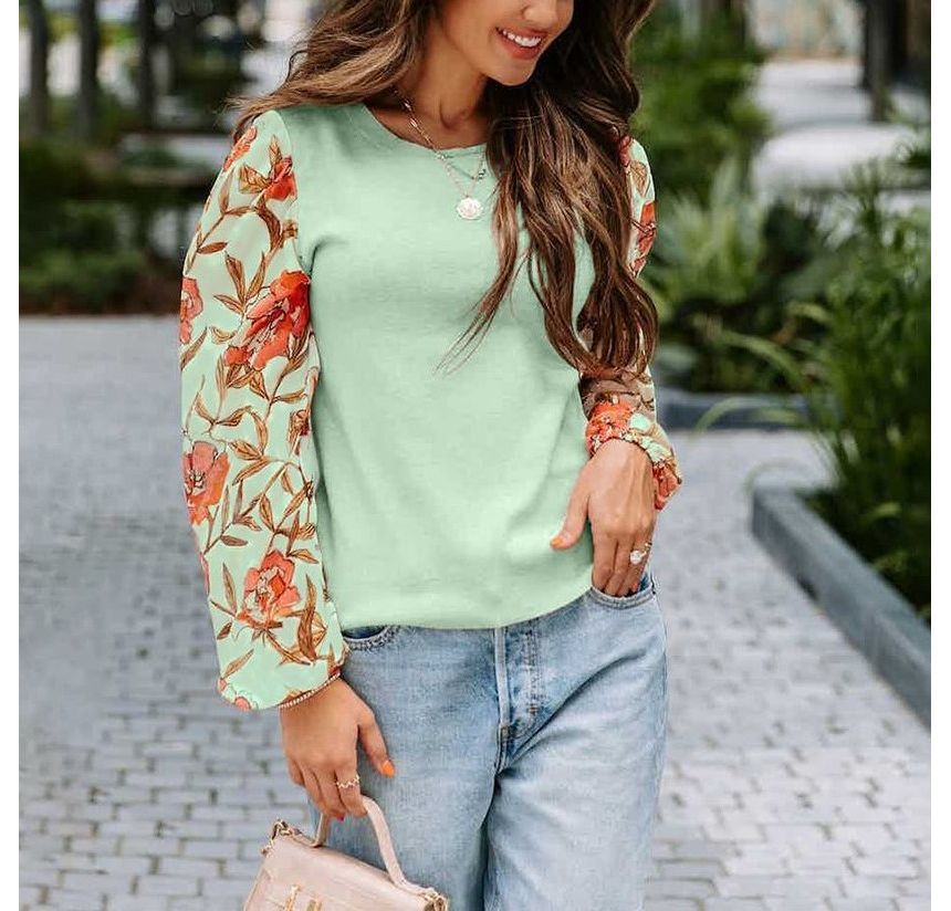 Long-Sleeve Floral Panel Knit Top CA26