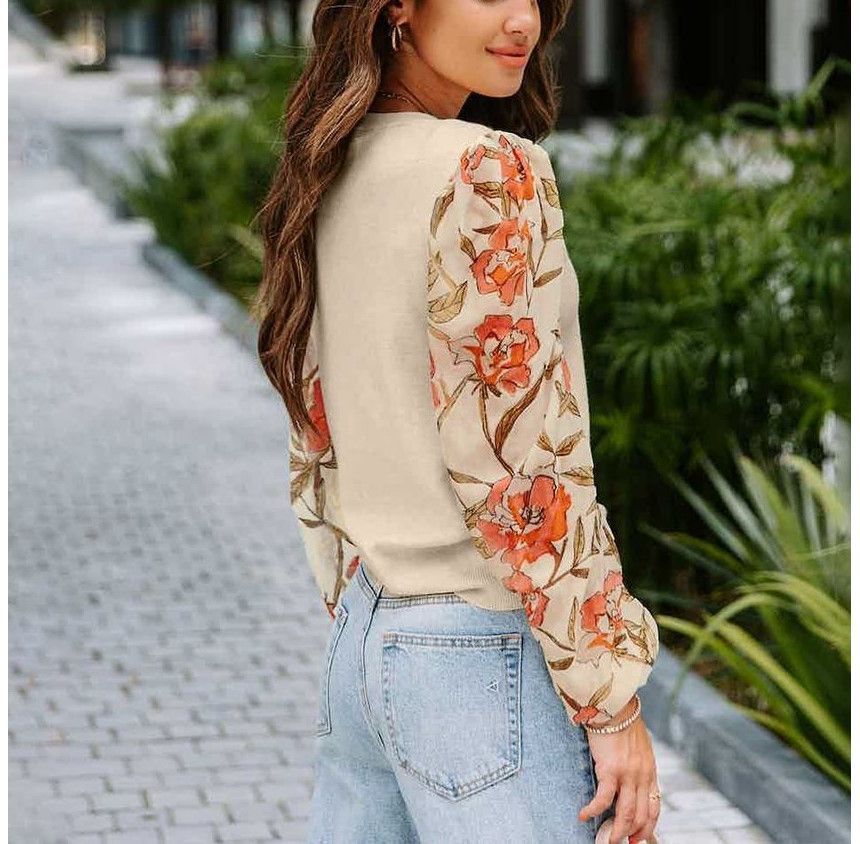 Long-Sleeve Floral Panel Knit Top CA26